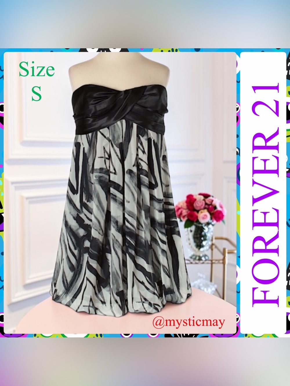 New FOREVER 21 Abstract Print w Black Satin Sweetheart Neck Mini Dress Size S